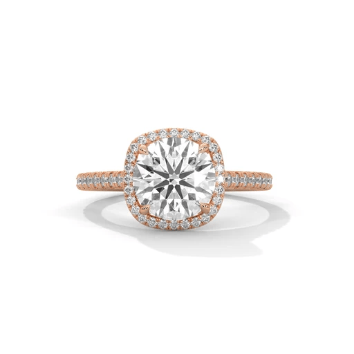 Rose gold cushion halo diamond ring with cushion center and side pave band