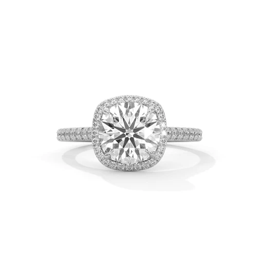 White metal cushion halo diamond ring with cushion center and side pave band