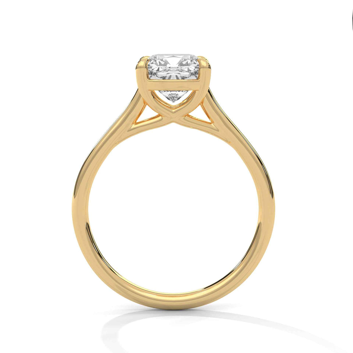 Yellow gold cushion-cut solitaire engagement ring, cathedral prong setting