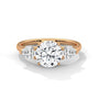 Three-stone diamond ring in rose gold with a round center stone and two side stones