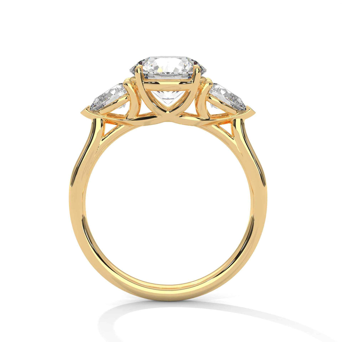 Three-stone diamond ring in yellow gold with round center stone and side stones, top view