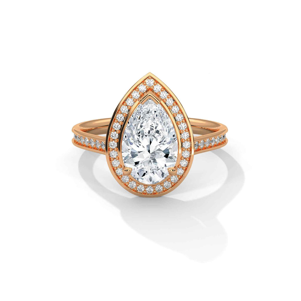 Rose gold pear halo engagement ring with diamond pavé band