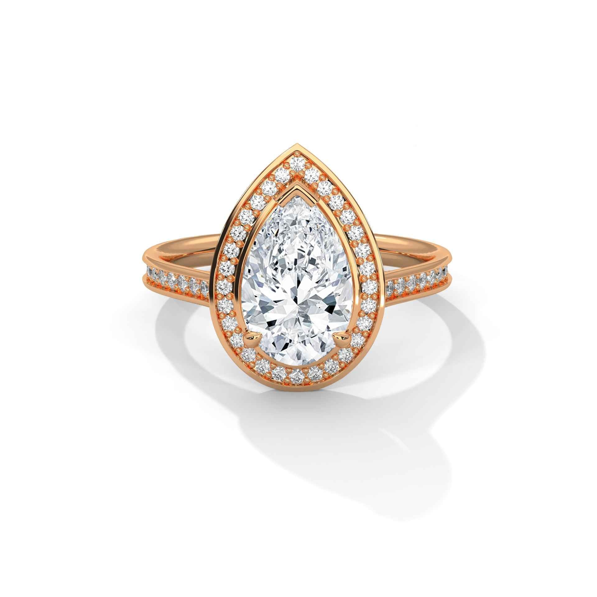 Rose gold pear halo engagement ring with diamond pavé band