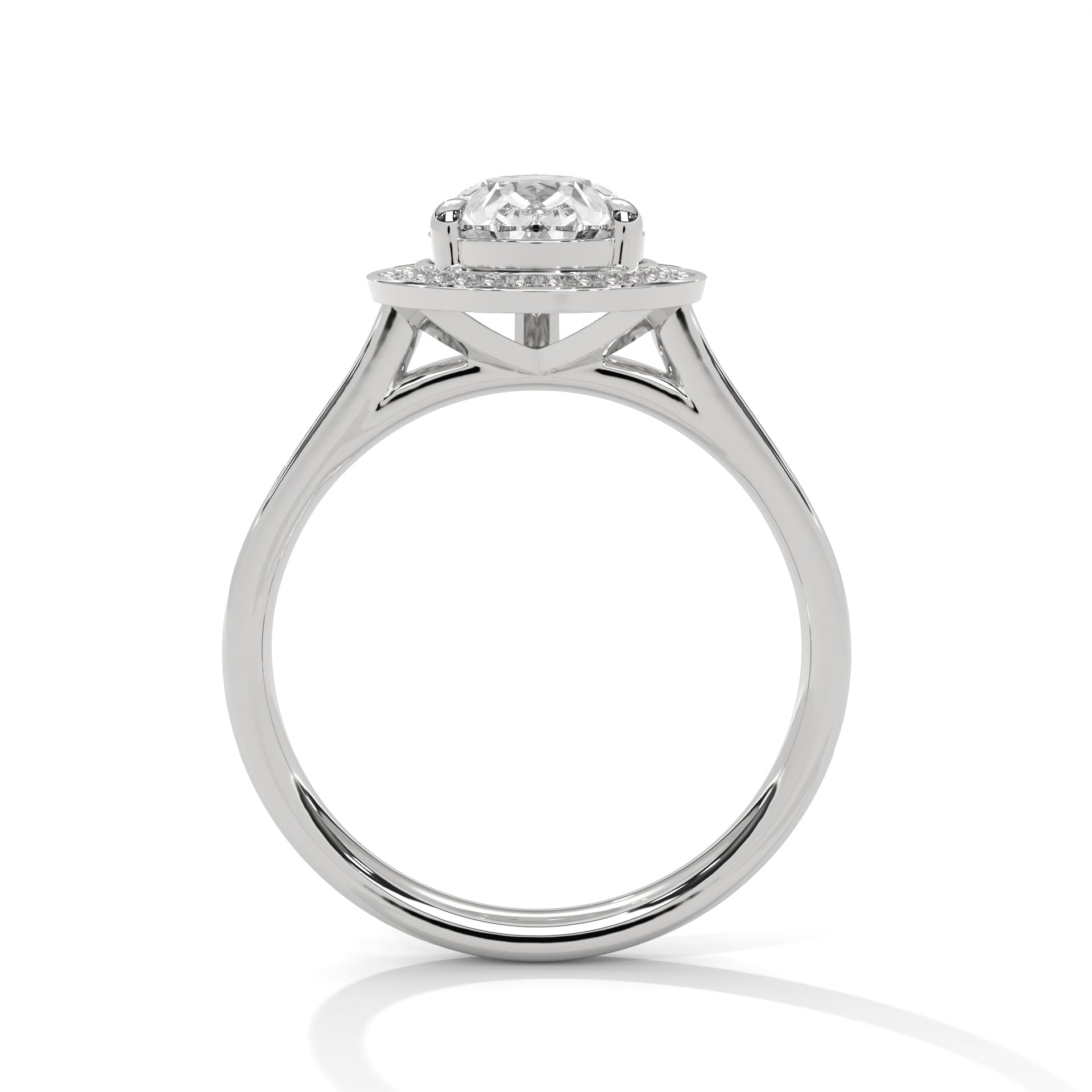 Platinum pear-cut halo engagement ring, front view with openwork gallery