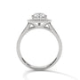 Pear halo diamond ring side view in platinum, teardrop center stone with pavé details.