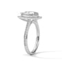 Diamond halo ring with pavé band and bezel-set center stone, silver-tone