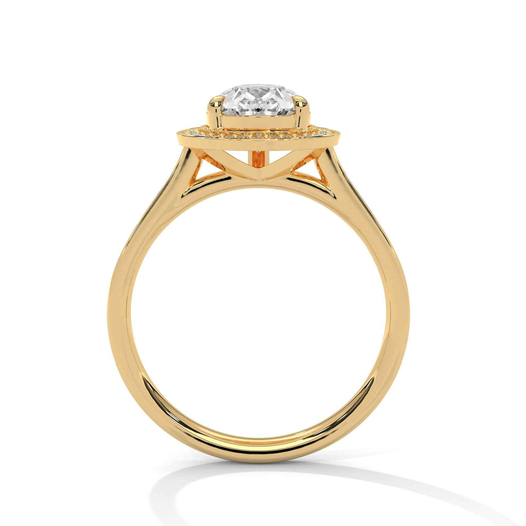 Yellow gold pear halo engagement ring with openwork shoulders