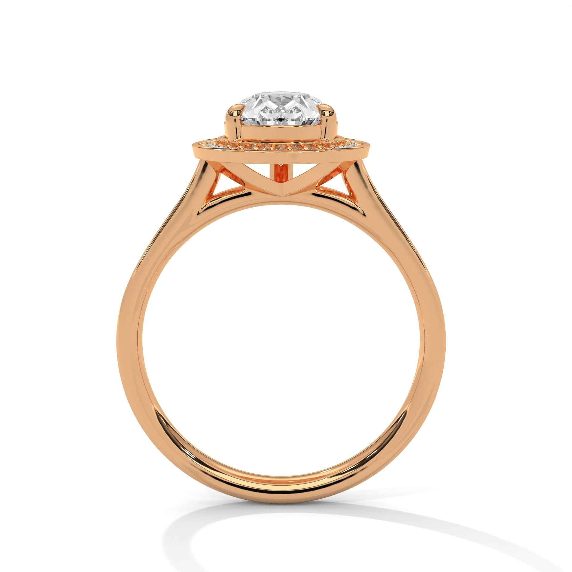 Rose gold pear-cut halo engagement ring with round side cutouts
