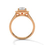 Gold-tone diamond halo ring with openwork crown and bezel-set center stone