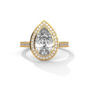 Pear halo diamond ring, yellow gold with teardrop center and pavé band.