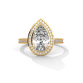Pear halo diamond ring, yellow gold with teardrop center and pavé band.