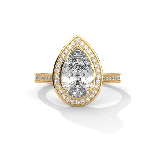 Pear halo diamond ring, yellow gold with teardrop center and pavé band.