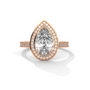 Pear halo diamond ring, rose gold with teardrop center stone and pavé halo band.