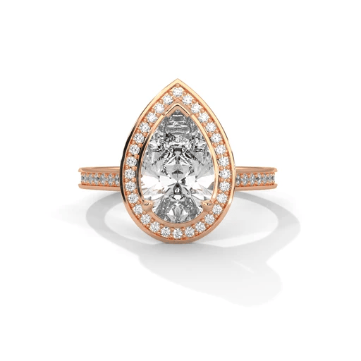 Pear halo diamond ring, rose gold with teardrop center stone and pavé halo band.