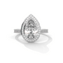 Pear halo diamond ring, white gold with teardrop center and pavé halo band.