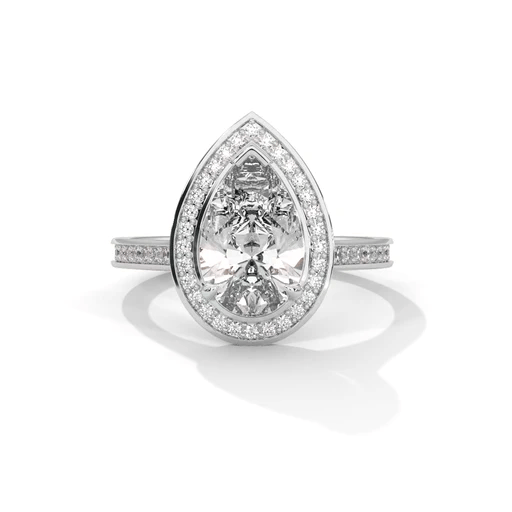 Pear halo diamond ring, white gold with teardrop center and pavé halo band.