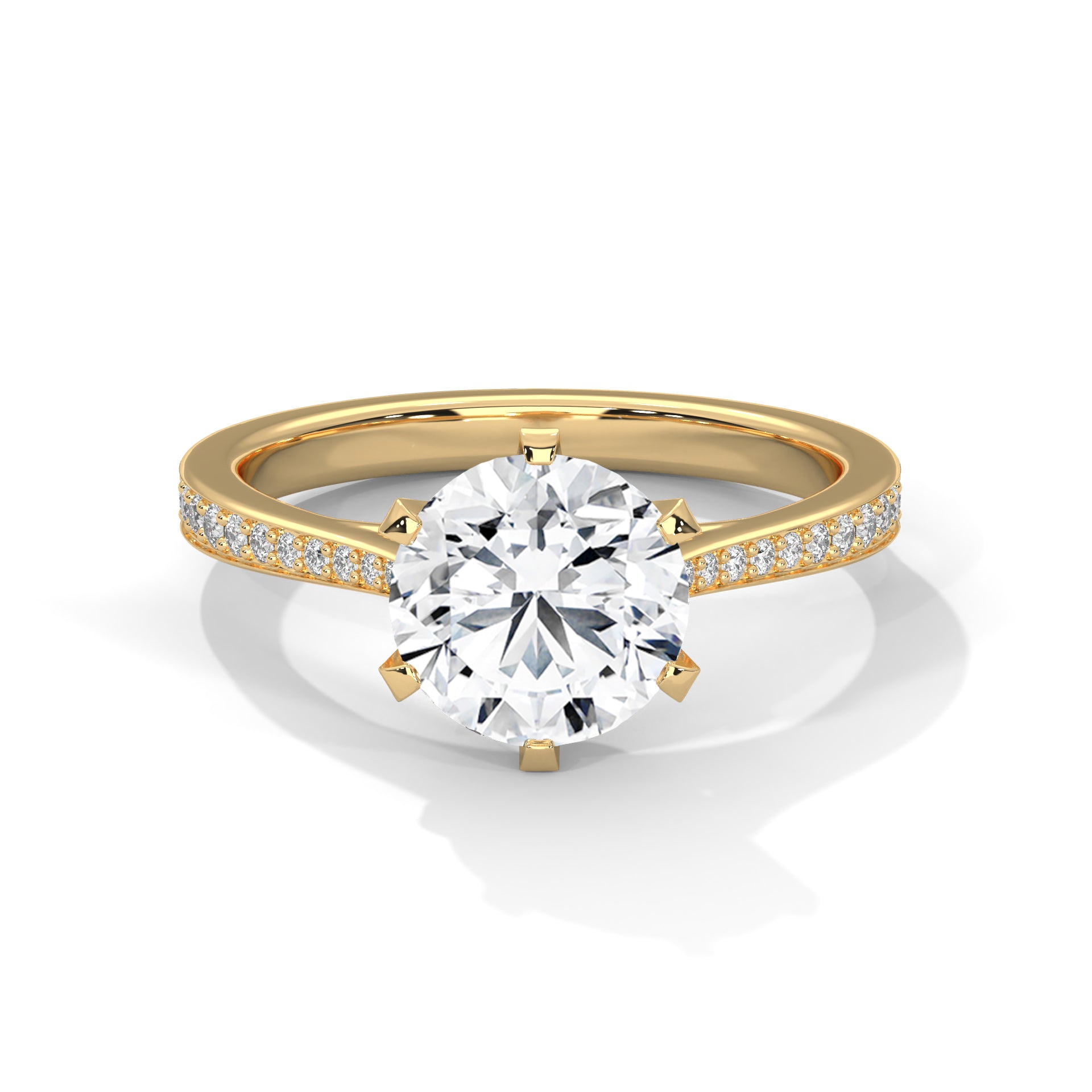 Yellow gold solitaire engagement ring with round center diamond and pavé band