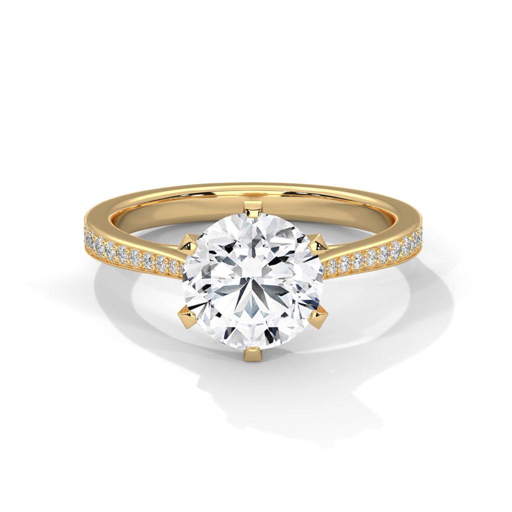 Yellow gold solitaire engagement ring with round center diamond and pavé band