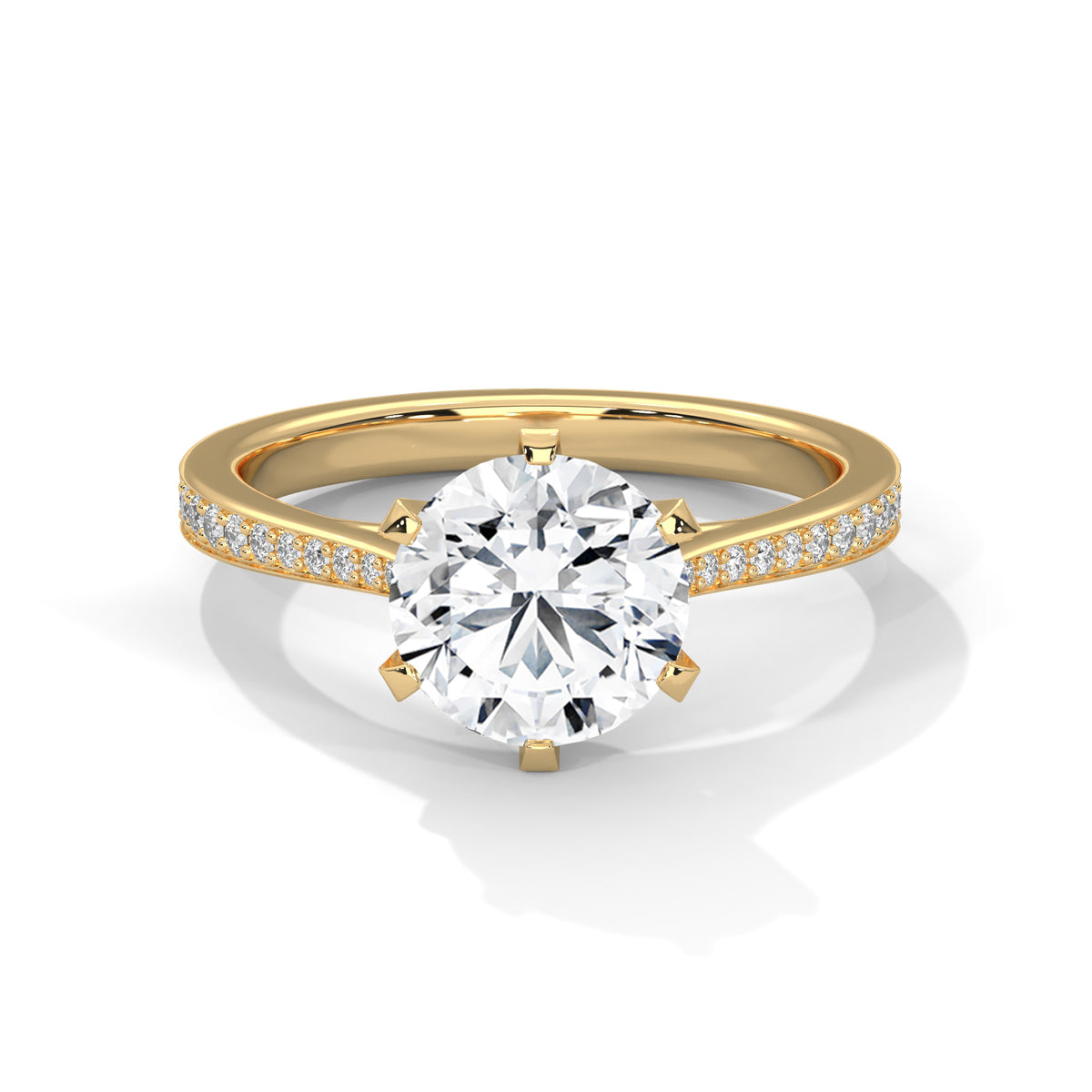 Yellow gold solitaire engagement ring with round center diamond and pavé band