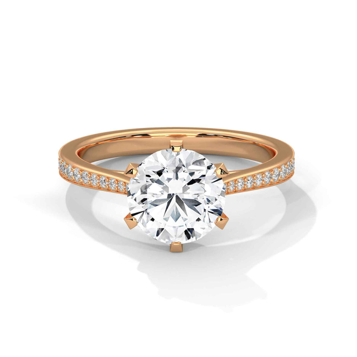 Rose gold solitaire engagement ring with round center diamond and pavé band
