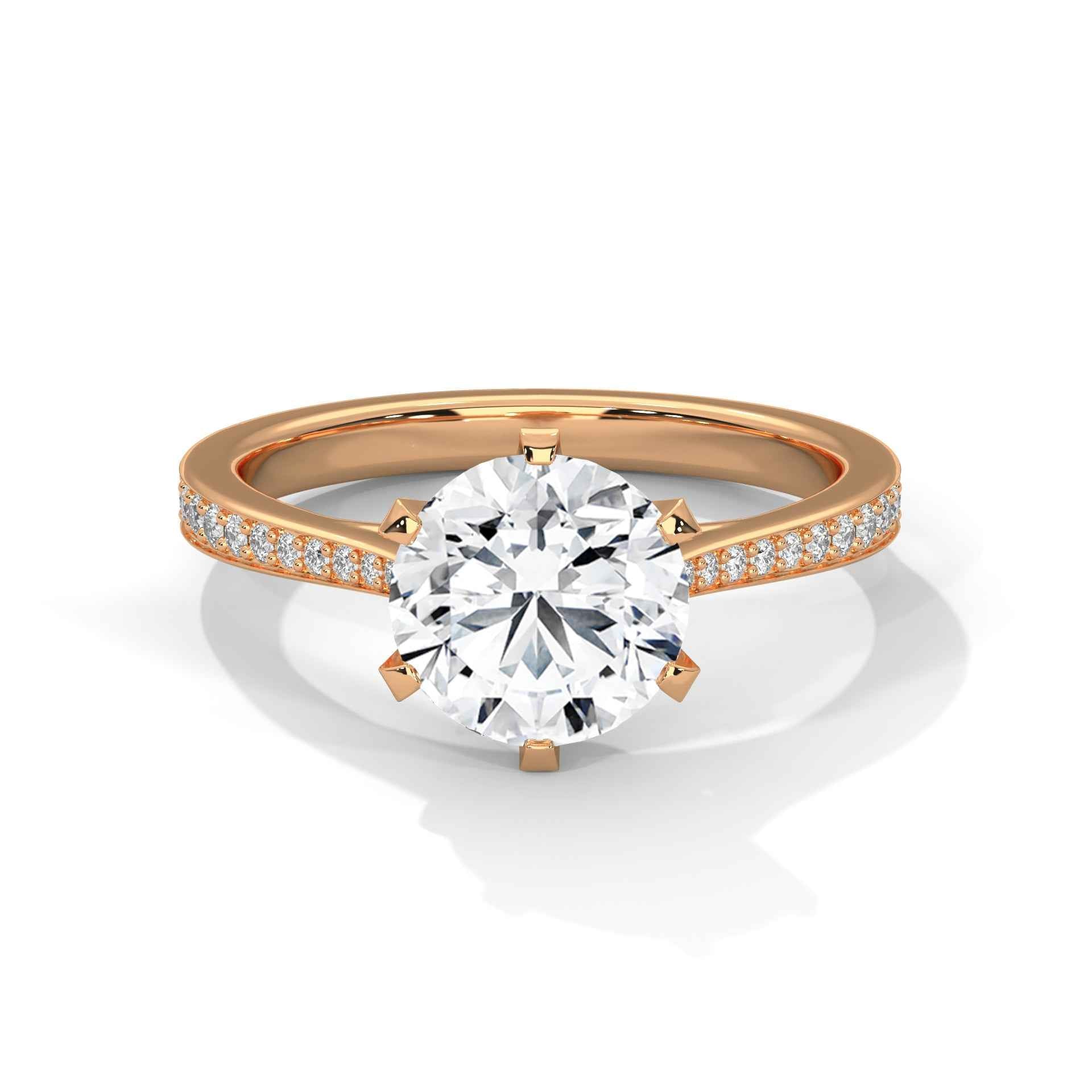 Rose gold solitaire engagement ring with round center diamond and pavé band