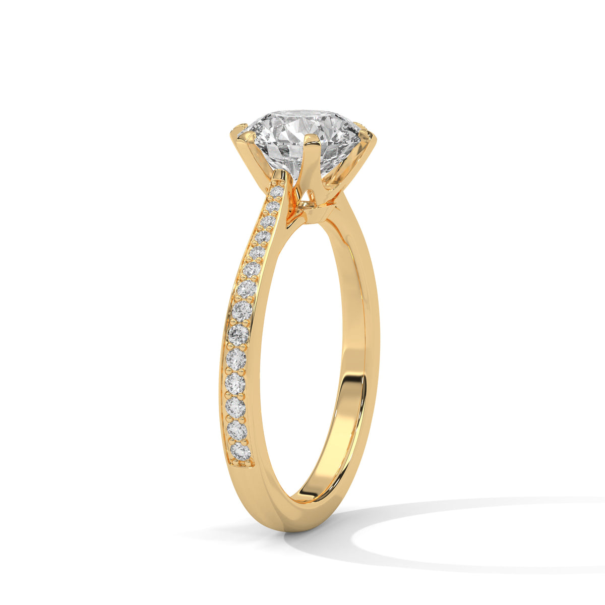 Yellow gold solitaire ring side profile with round center diamond and six-prong setting