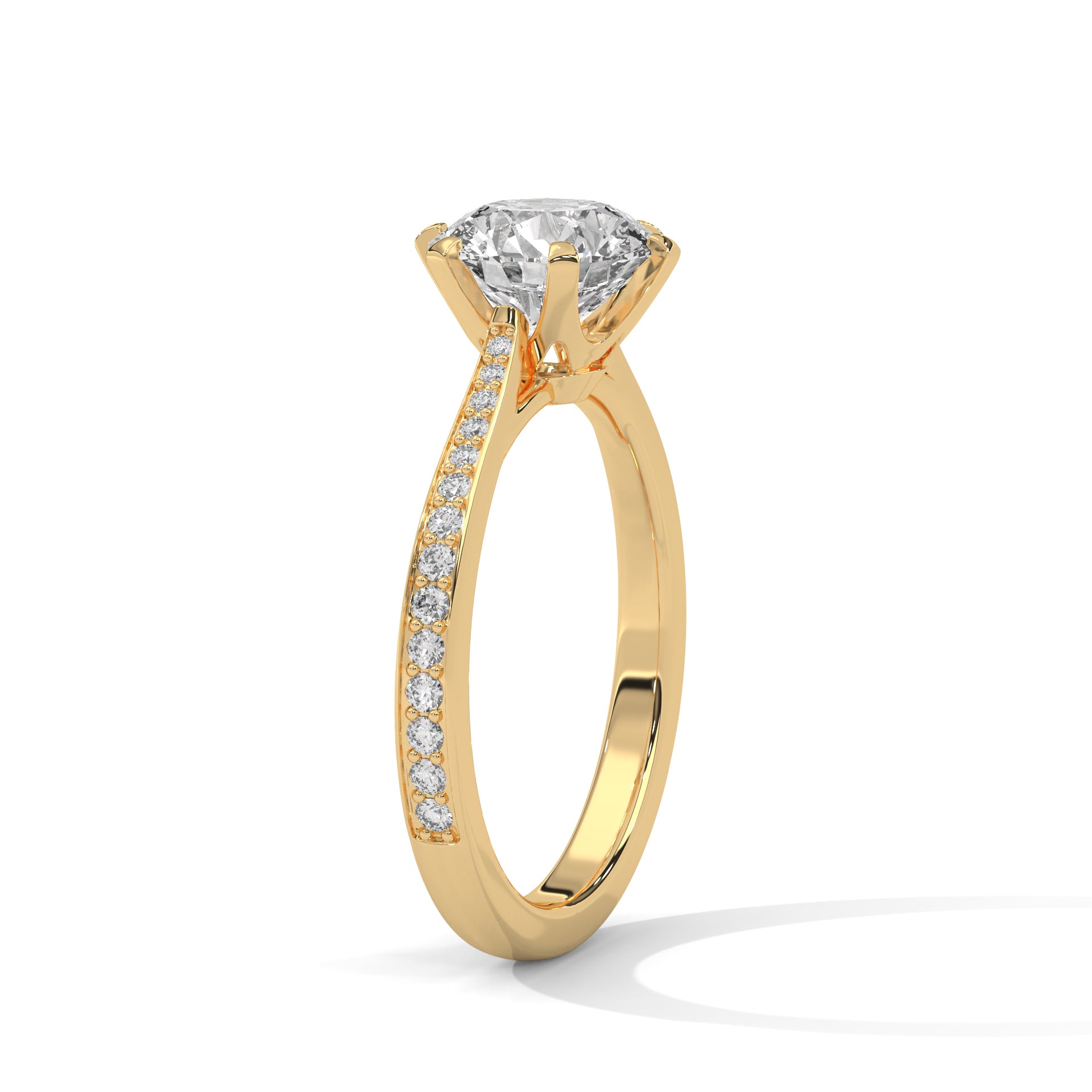 Yellow gold solitaire ring side profile with round center diamond and six-prong setting