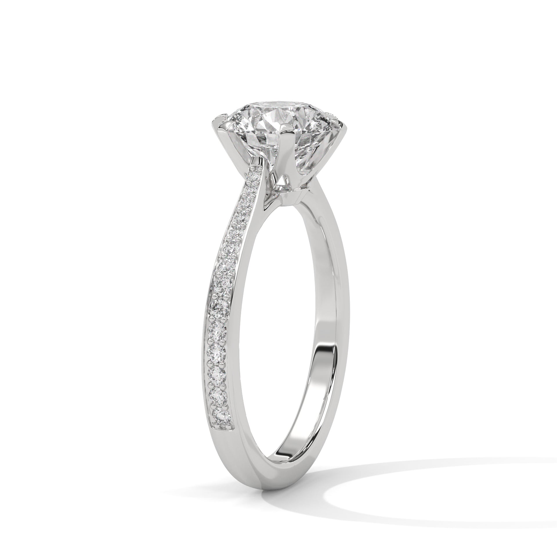 White gold solitaire engagement ring with round center diamond and six-prong setting