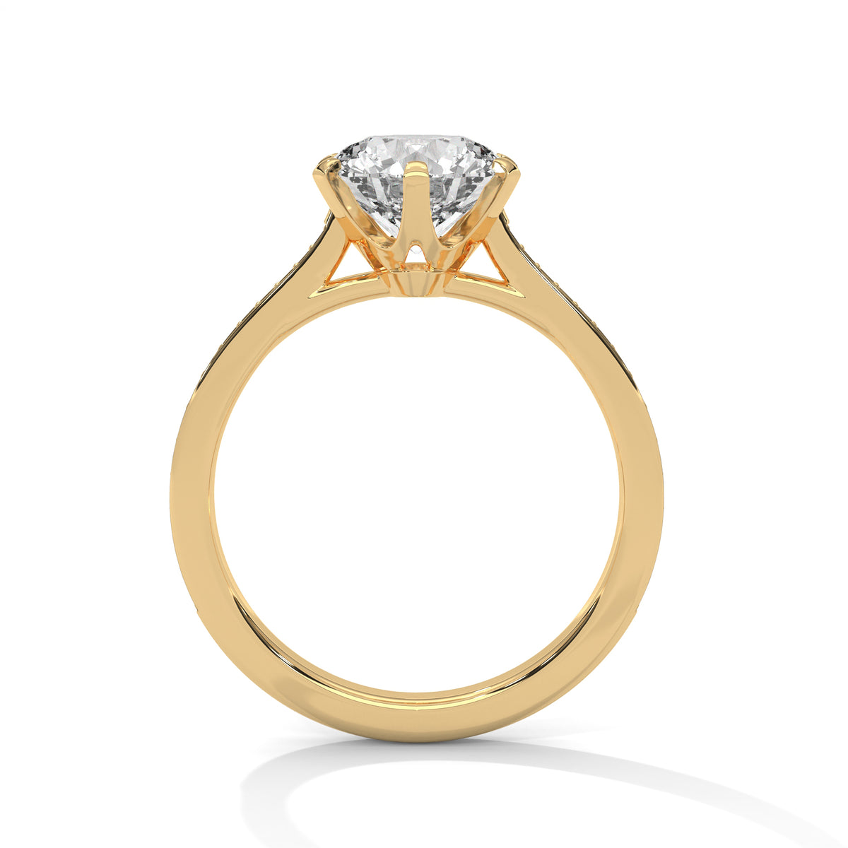 Yellow gold round diamond solitaire ring with three-prong basket setting