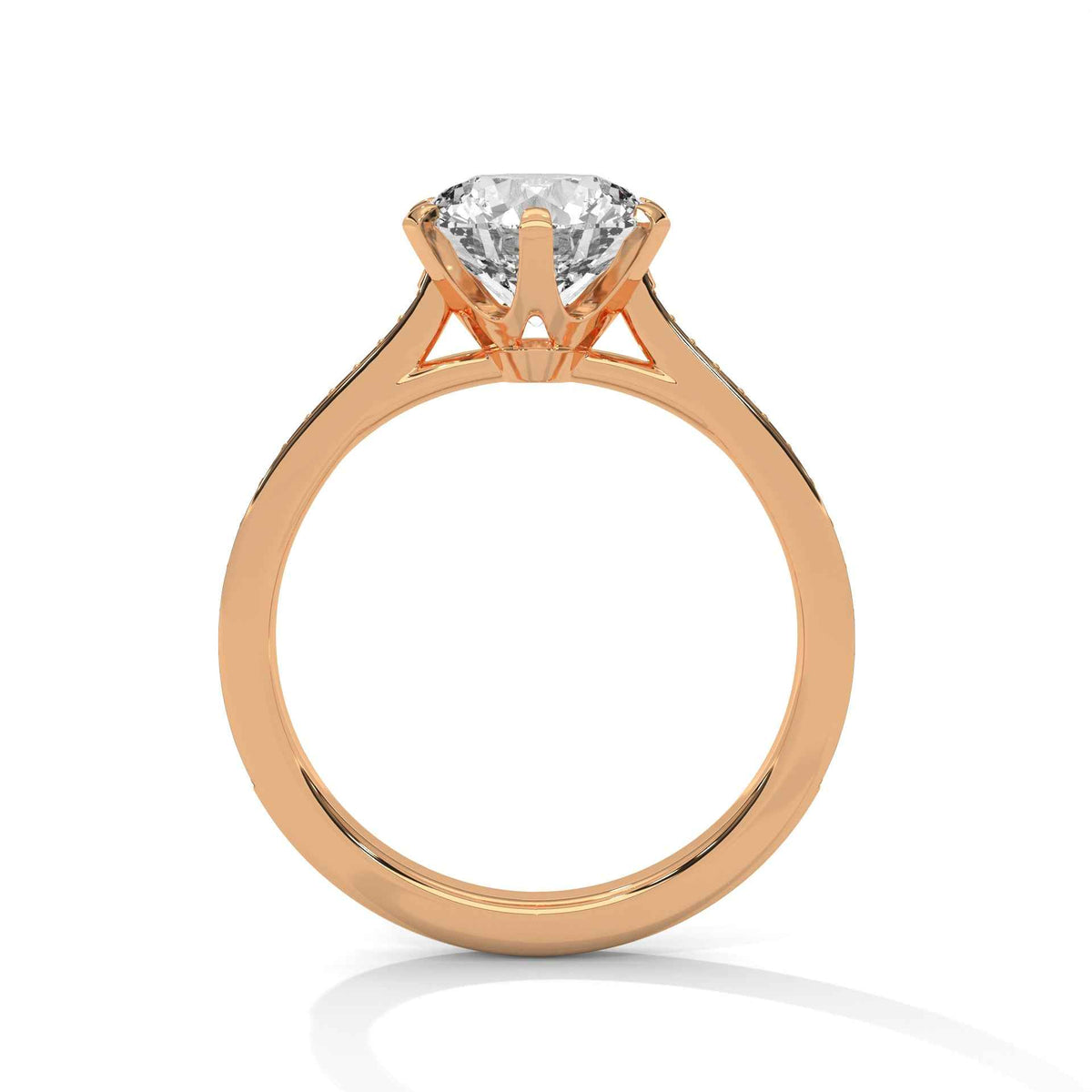 Rose gold round diamond solitaire ring with three-prong basket setting