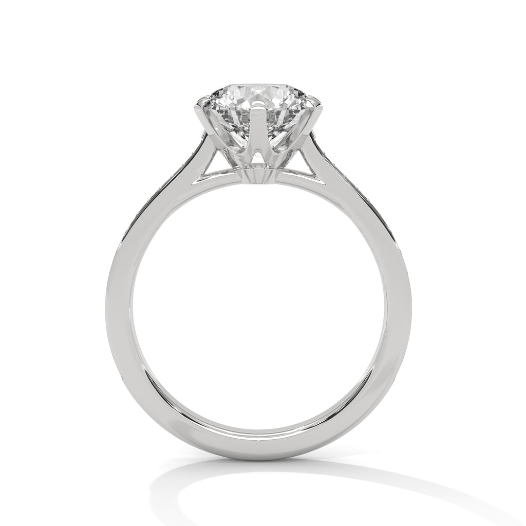 White gold solitaire engagement ring with round center diamond and six-prong setting