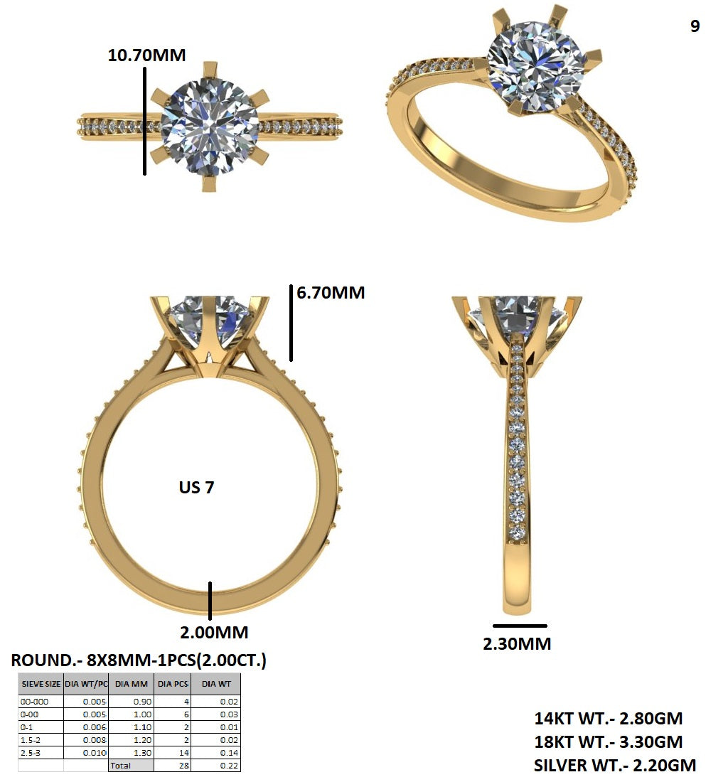 Gold solitaire ring diagram with measurements and views of round prong setting