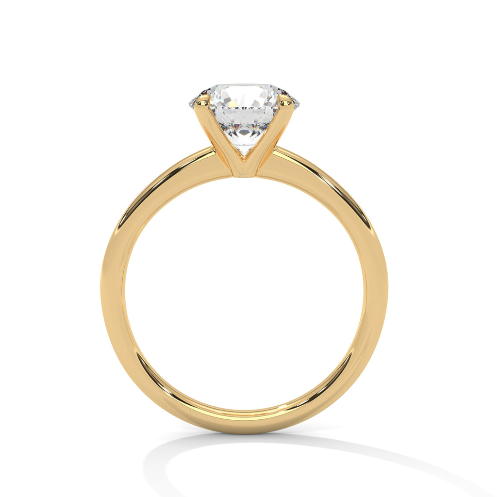 Yellow gold solitaire ring with round diamond in four-prong head, front view