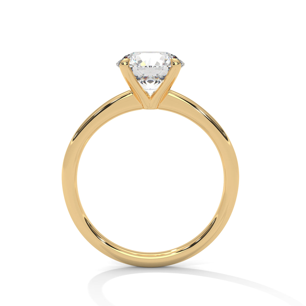 Yellow gold solitaire ring with round diamond in four-prong head, front view