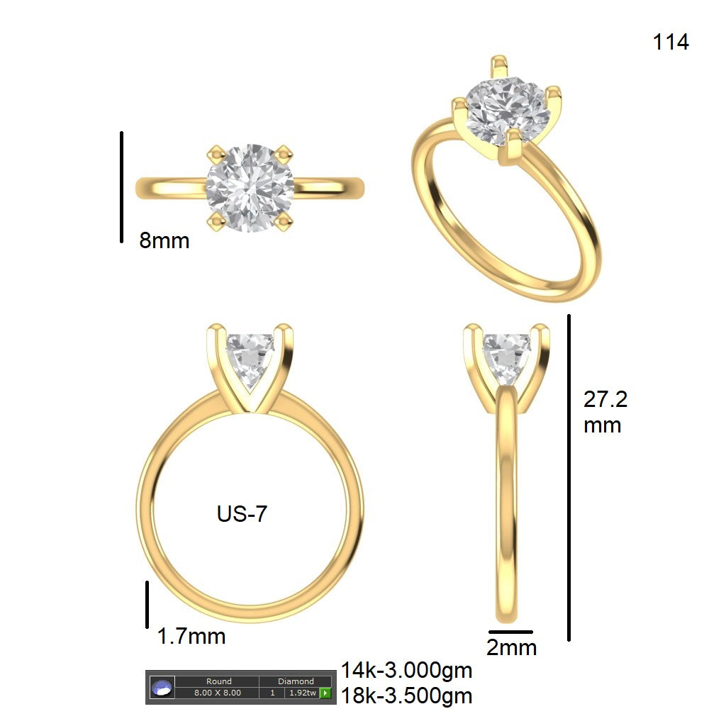 Yellow gold solitaire ring diagram with round diamond and band measurements