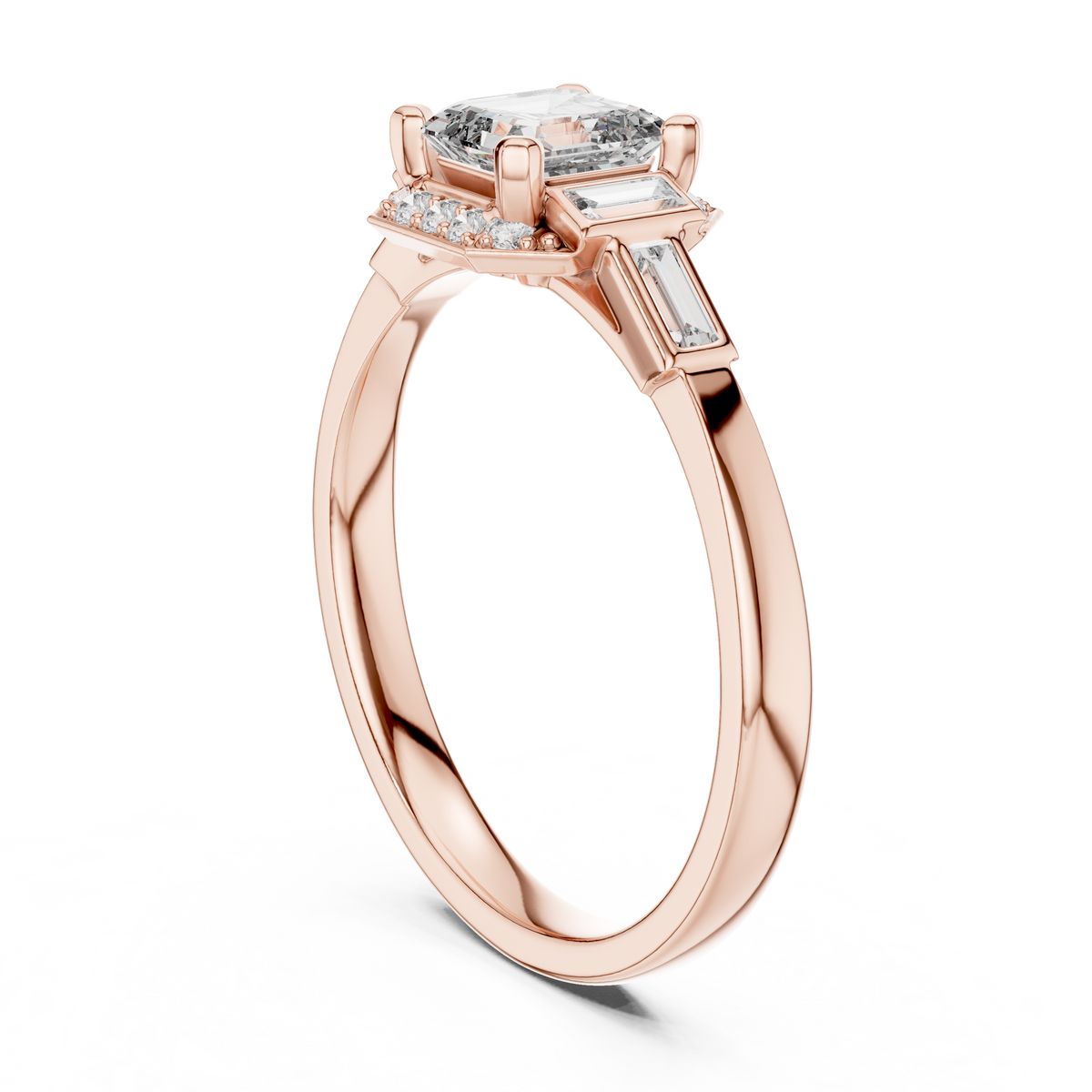 Rose gold radiant halo engagement ring with square center stone