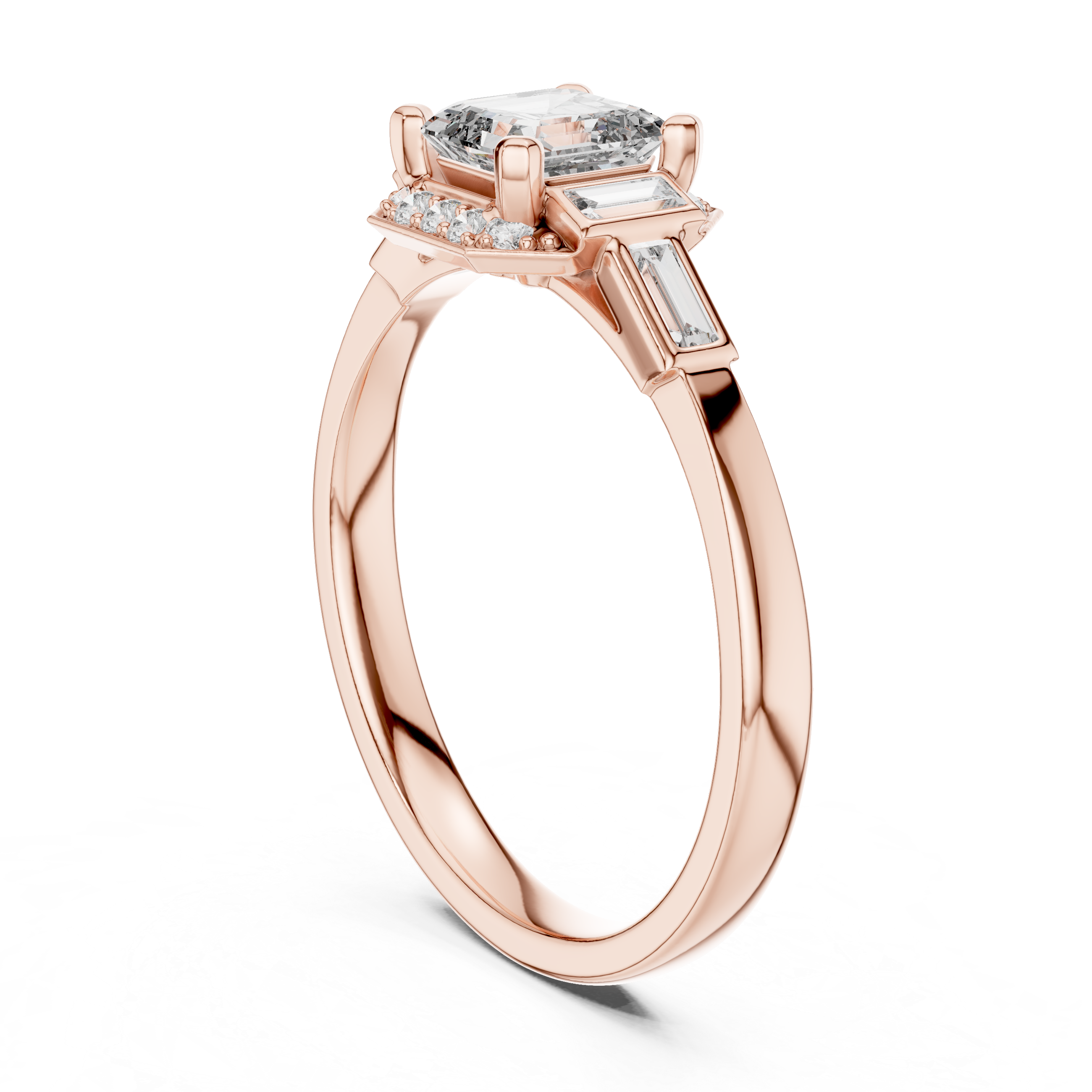 Rose gold radiant halo engagement ring with square center stone