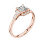 Rose gold radiant halo engagement ring, side view with square center stone