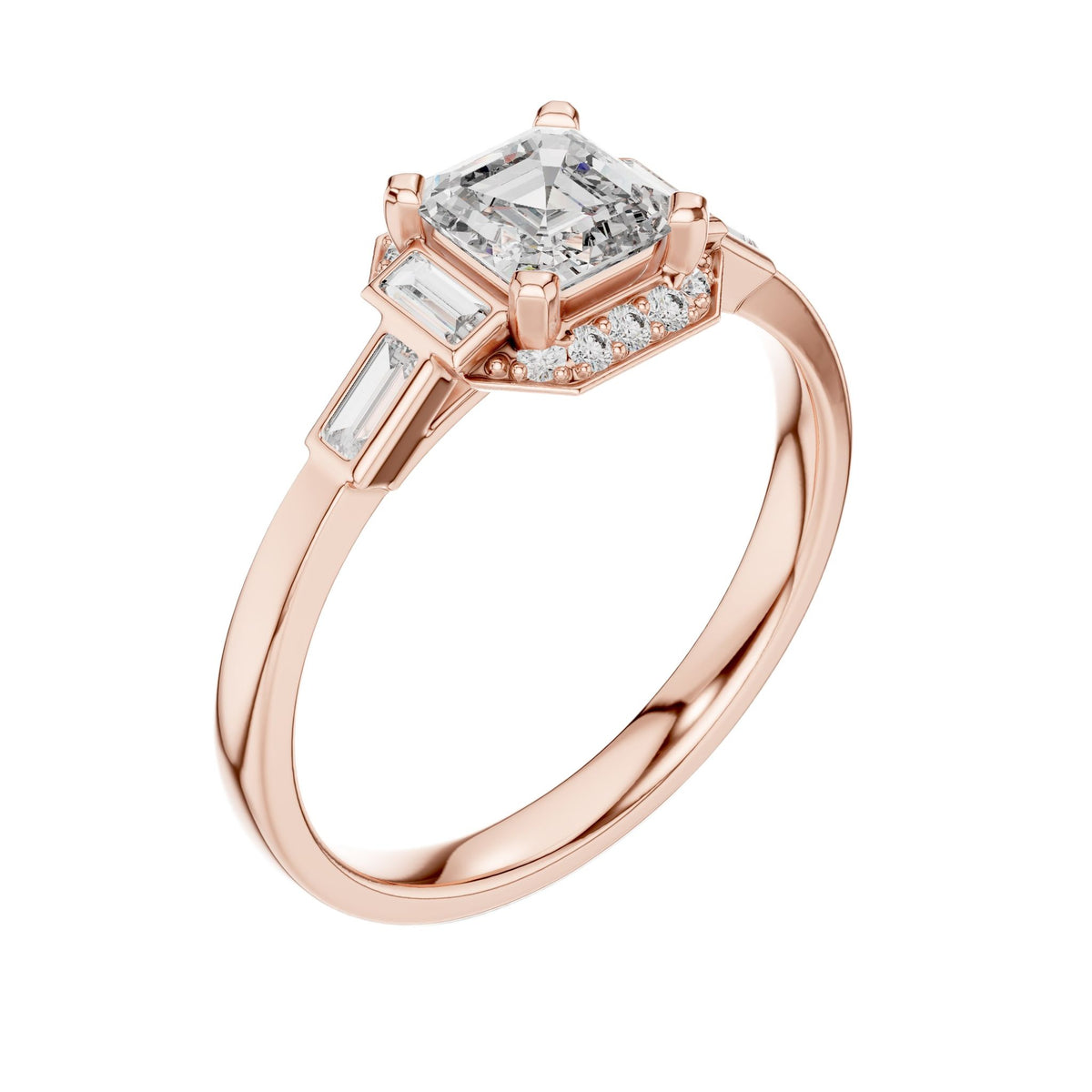 Rose gold radiant halo engagement ring, side view with square center stone