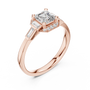 Rose gold radiant halo engagement ring, side view with square center stone