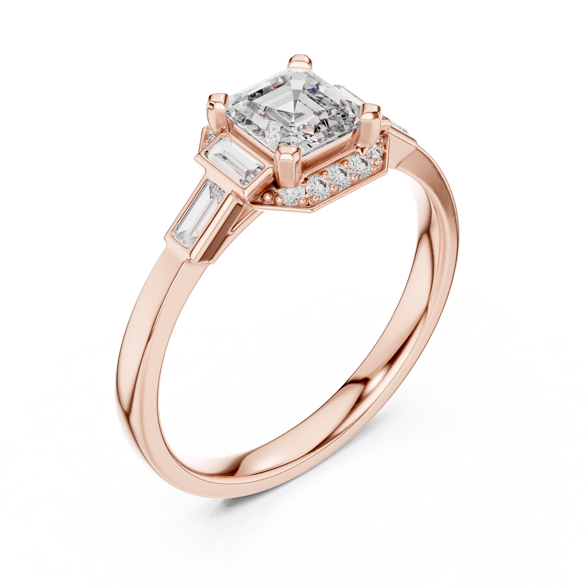Rose gold radiant halo engagement ring, side view with square center stone