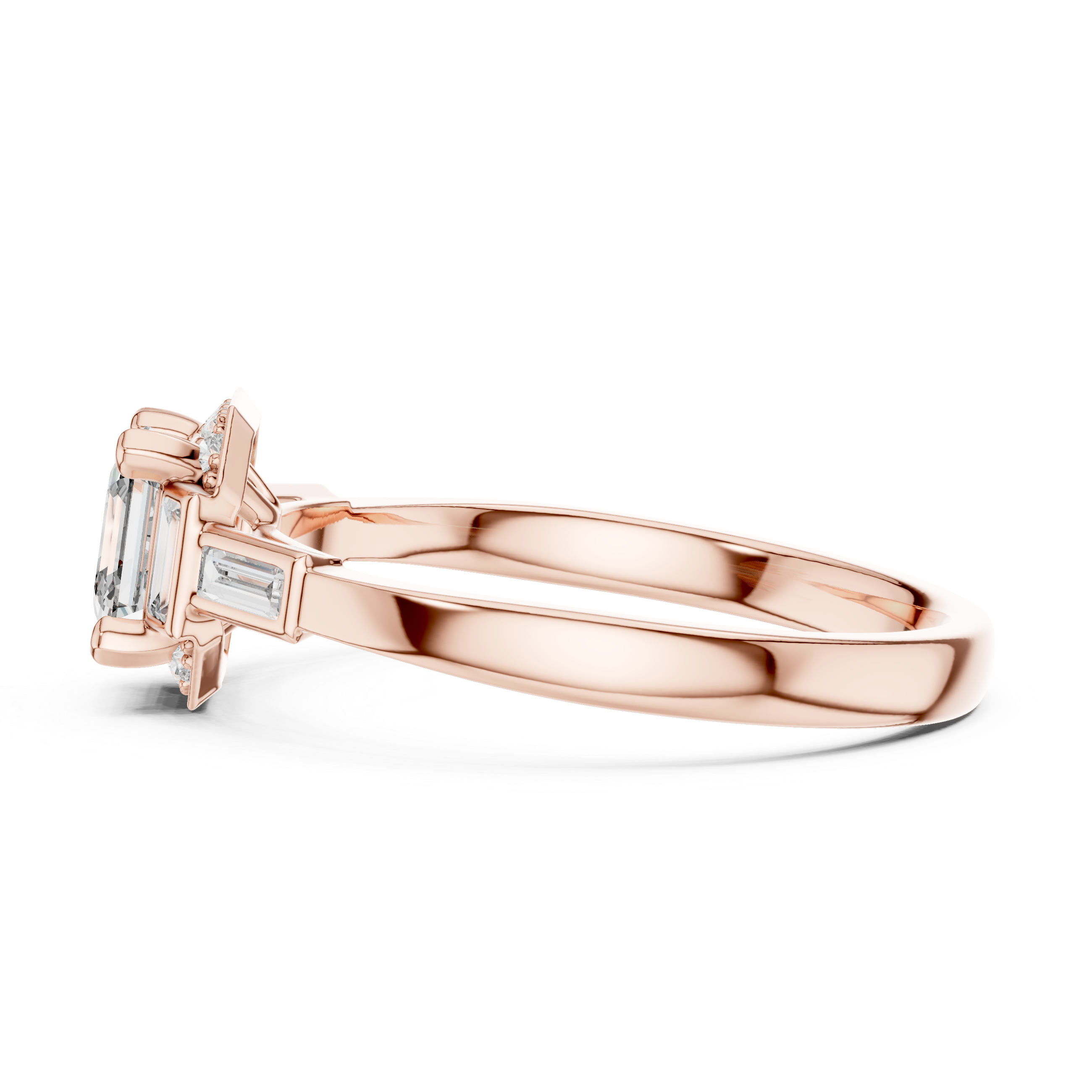 Rose gold radiant halo engagement ring, angled band and prongs