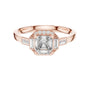 Rose gold radiant halo engagement ring, top view with square center stone