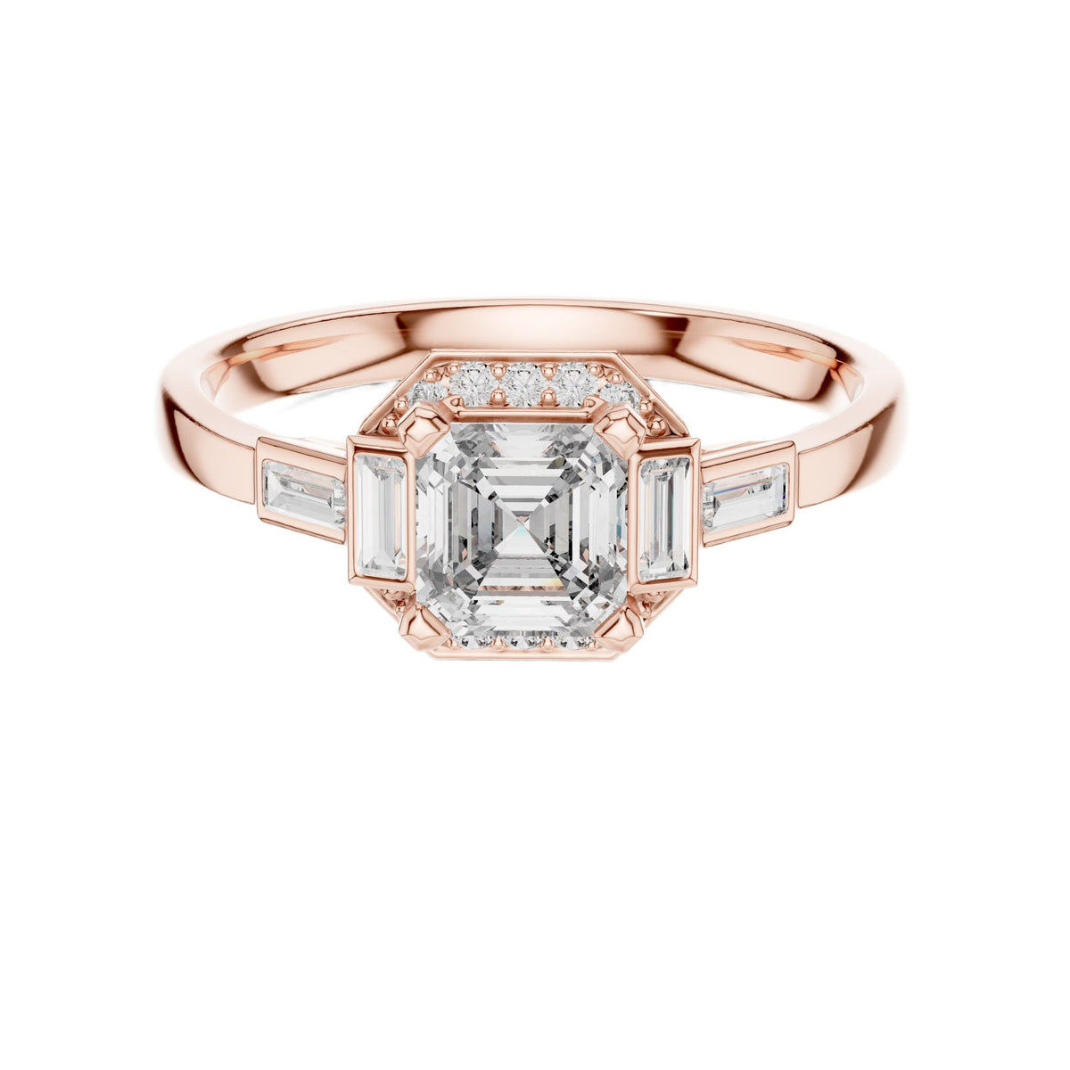 Rose gold radiant halo engagement ring, top view with square center stone