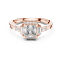 Rose gold radiant halo engagement ring, top view with square center stone