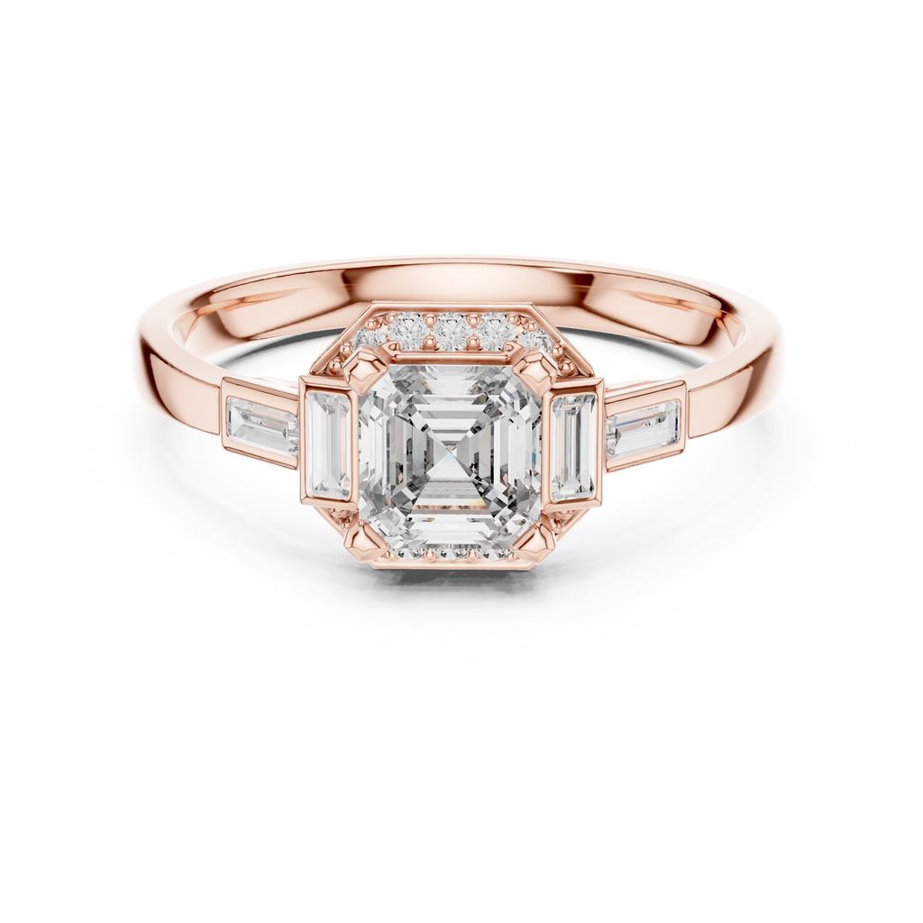 Rose gold radiant halo engagement ring, top view with square center stone