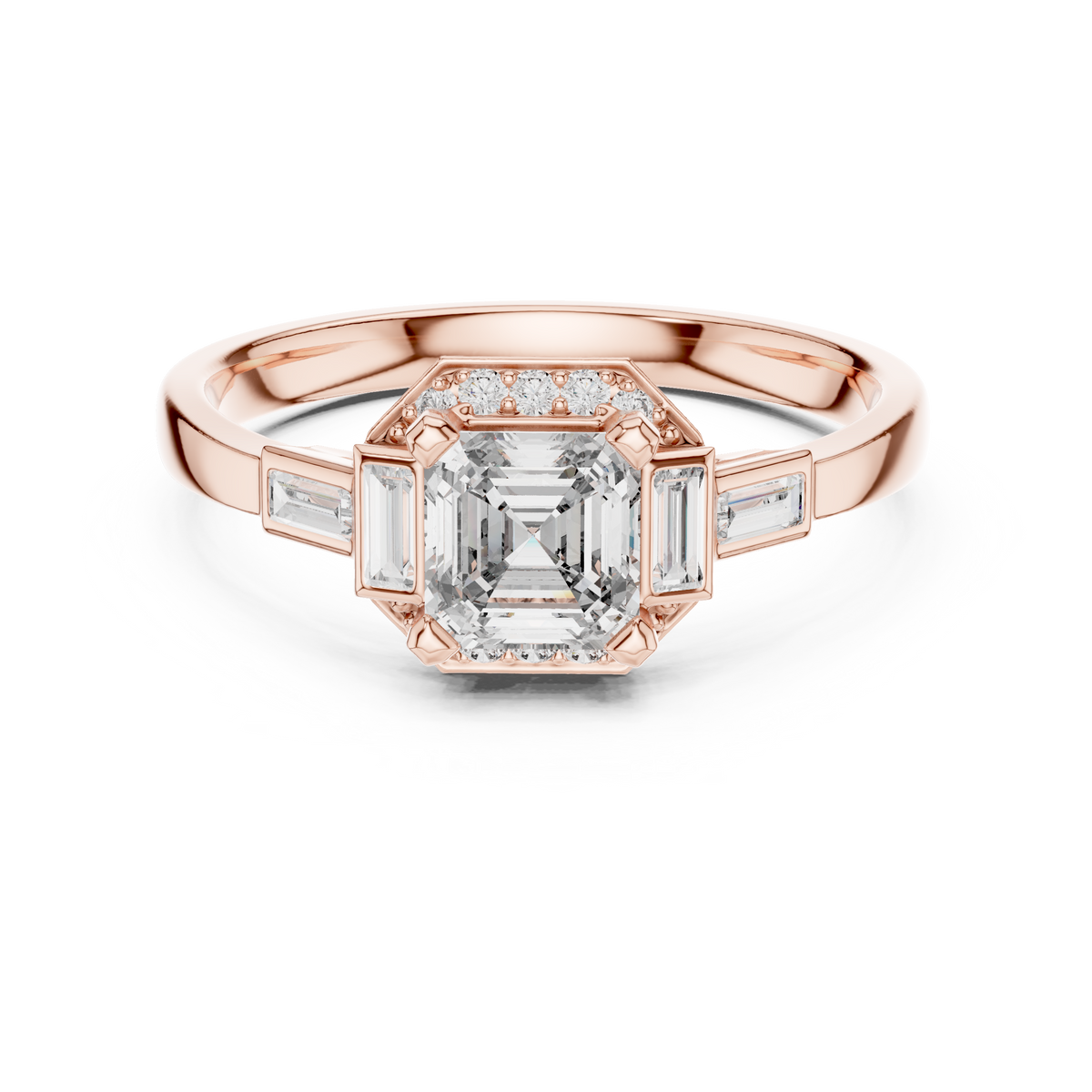 Rose gold radiant halo engagement ring, top view with square center stone