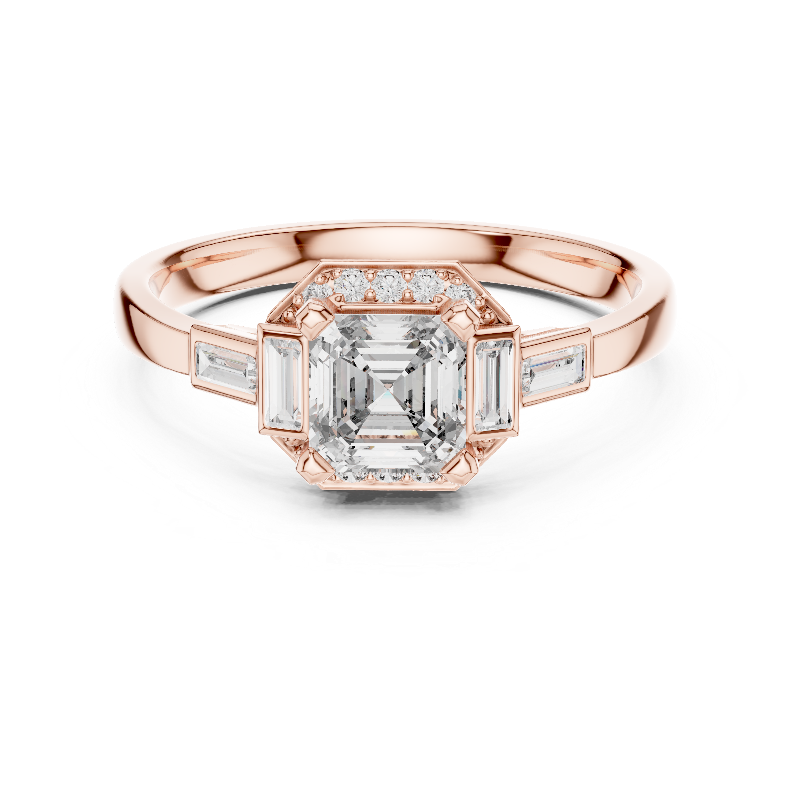 Rose gold radiant halo engagement ring, top view with square center stone