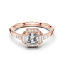 Rose gold ring with square radiant center stone and geometric diamond halo