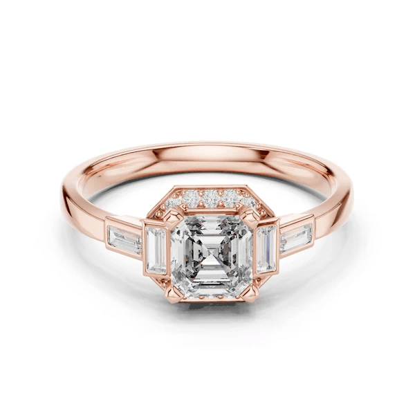 Rose gold ring with square radiant center stone and geometric diamond halo